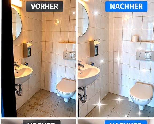 Vorher-Nachher-Vergleich eines Bad- und WC-Bereichs: links der verschmutzte Boden, rechts derselbe Raum nach der Reinigung.