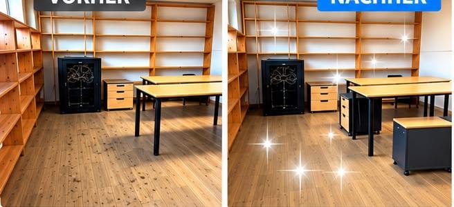 Vorher-Nachher-Vergleich eines Büros mit Holzregalen: links der verschmutzte Boden, rechts derselbe Raum nach der Reinigung.
