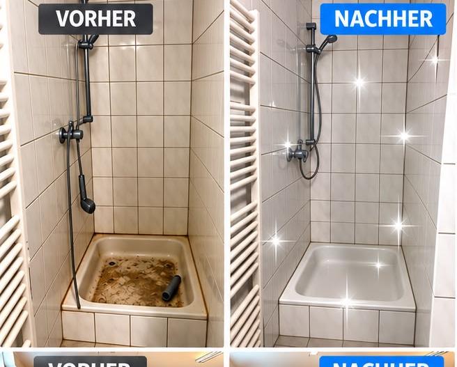 Vorher-Nachher-Vergleich einer Dusche: links die verkalkte und verschmutzte Duschwanne, rechts dieselbe Dusche nach der Reinigung.