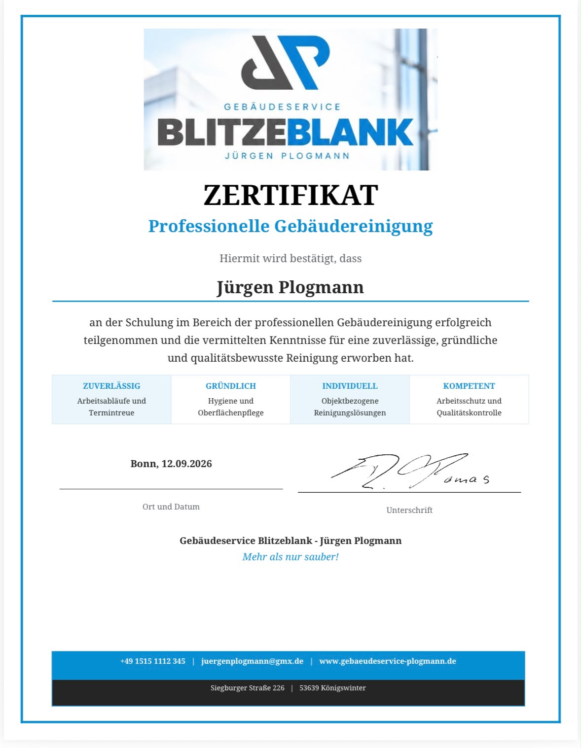 Zertifikat Professionelle Gebäudereinigung, Jürgen Plogmann